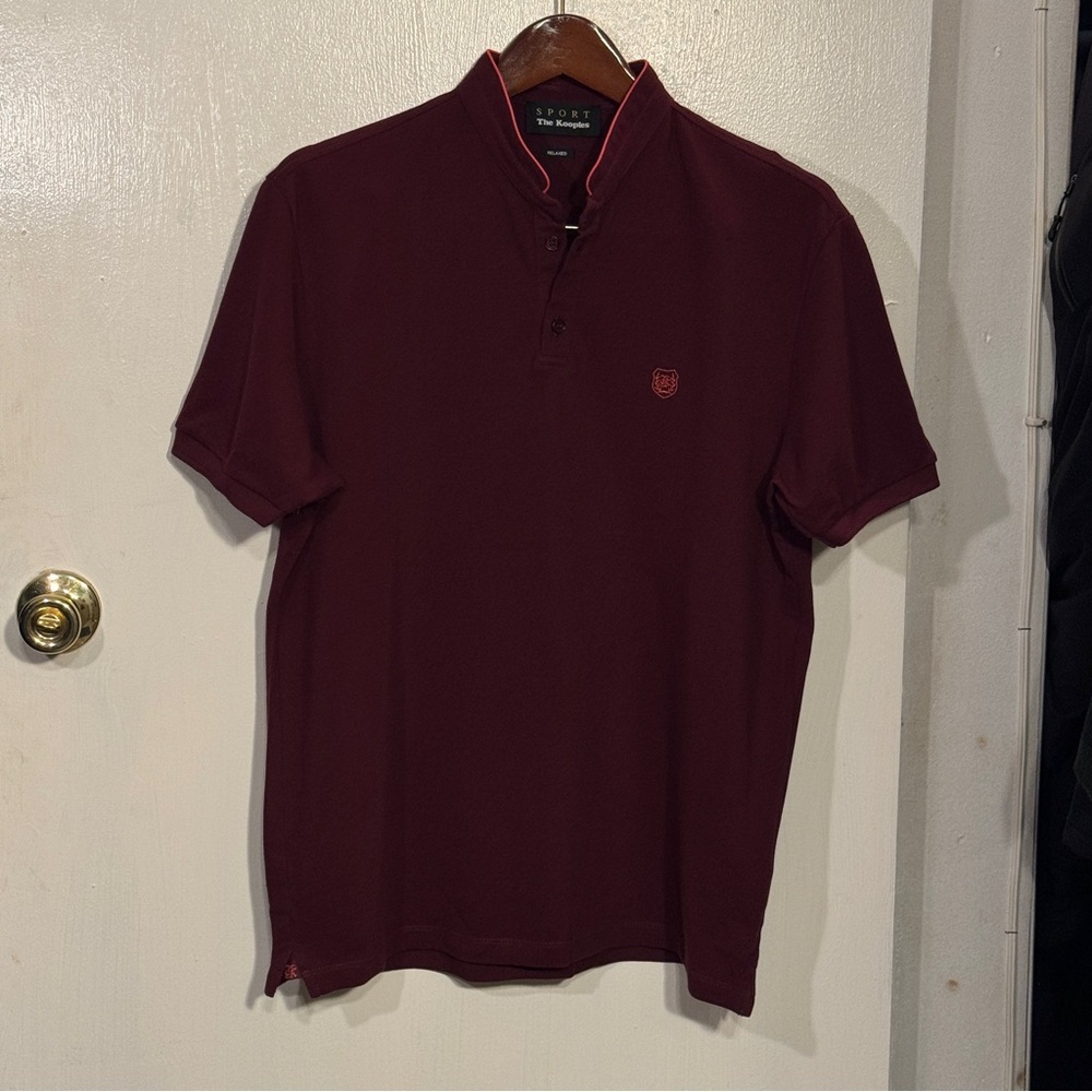 The Kooples Sport Burgundy 100% Cotton Polo Shirt Relaxed Fit Stand Collar Crest